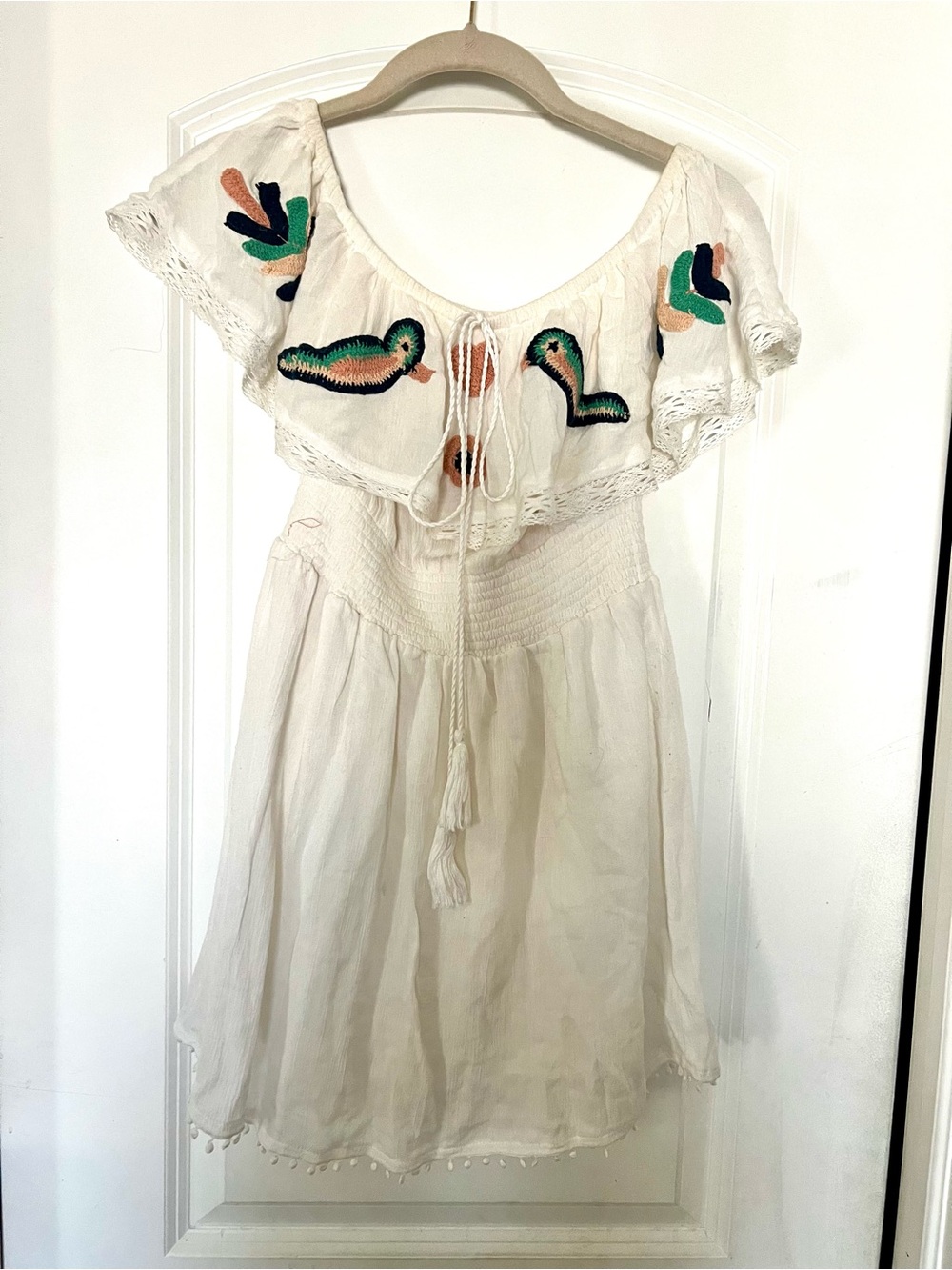 RAGA Lovebirds White Mini Dress with Green and Peach Embroidery